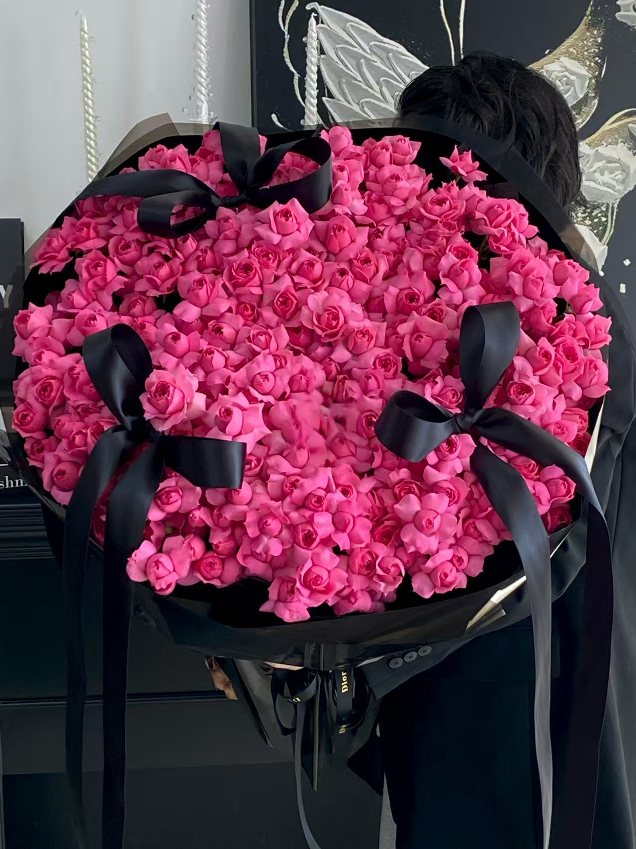 桃紅小玫瑰拼黑色蝴蝶